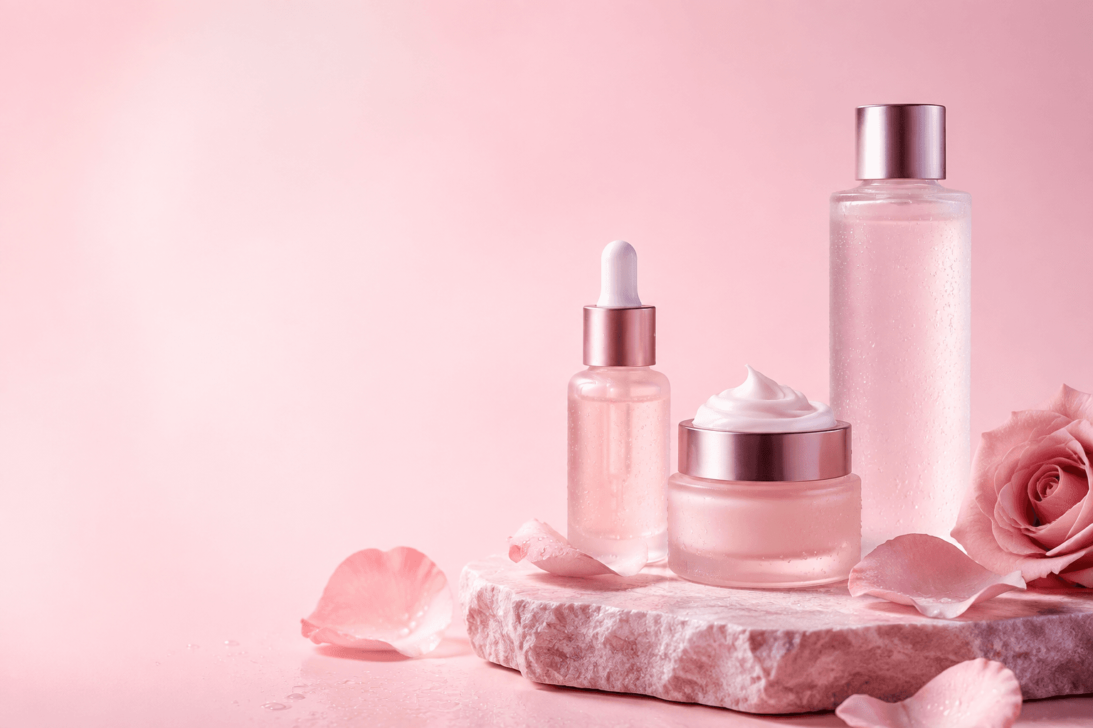 Sérum, crema y limpiador facial Carismaticas sobre un pedestal rosa